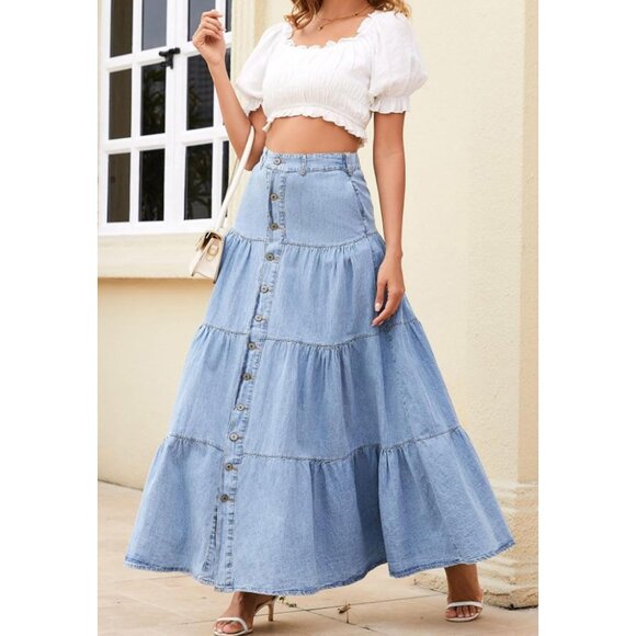Women Denim Maxi Skirt High Waist A Line Ruffle Tiered Patchwork Light Blue - Picture 6 of 7